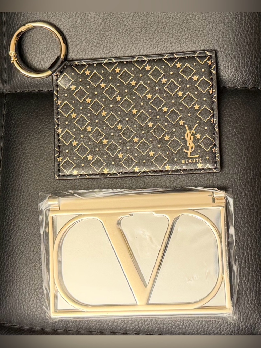 YSL Beaute & Valentino Beauty Compact Pocket Mirror Set Gold Keyring Bundle, New